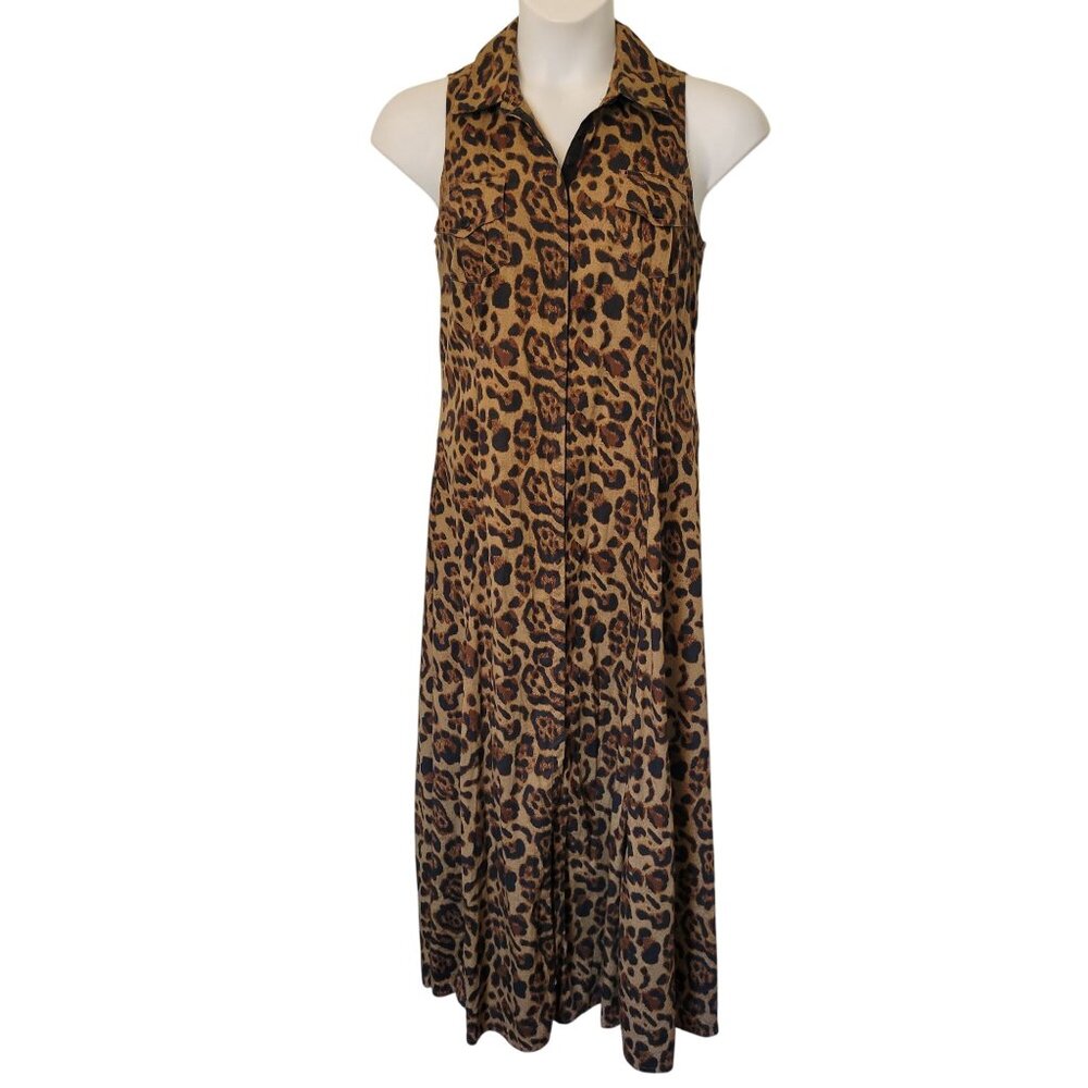 Vintage Newport News 12 Leopard‎ Print Sleeveless Snap Down Maxi Dress Cotton